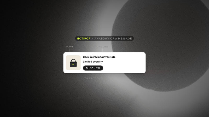 Atomato NotiPop example: an on-site message with its image, single line of copy and single action labelled, over a photo of a total eclipse with a grey corona