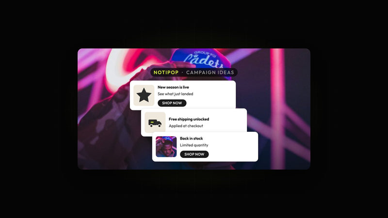 Atomato NotiPop examples: three on-site messages for a new season launch, free shipping unlocked and a back in stock alert, over a photo of rainbow rings of light on a starry field