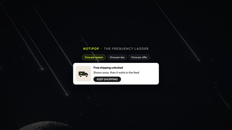 Atomato NotiPop example: a free shipping message capped at once per session with the feed keeping it afterwards, over a photograph of a crescent moon with meteor trails