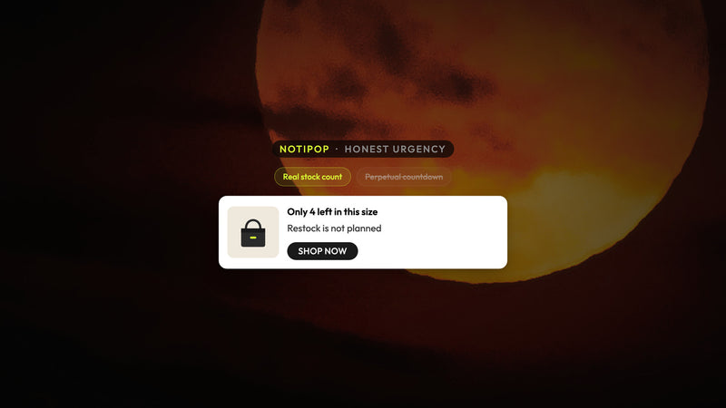 Atomato NotiPop example: a real stock count in a message instead of a perpetual countdown timer, over a photograph of an orange moon behind red cloud