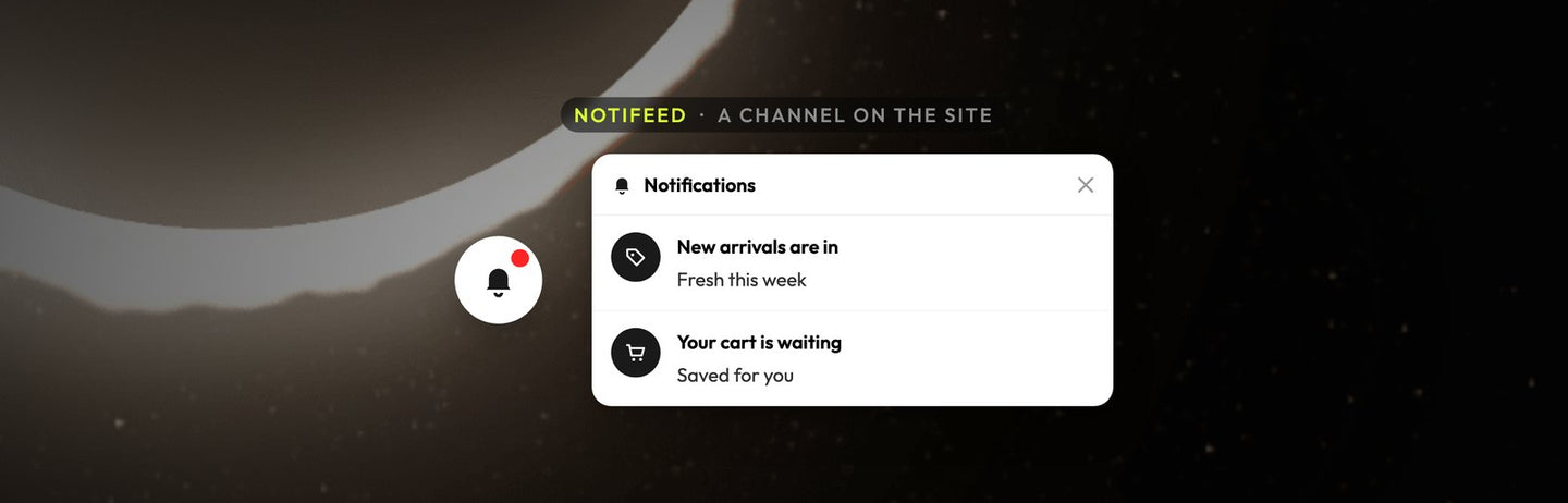 Atomato NotiFeed example: the notification bell with an unread dot beside the opened feed listing two store messages, over a photo of a white crescent of light