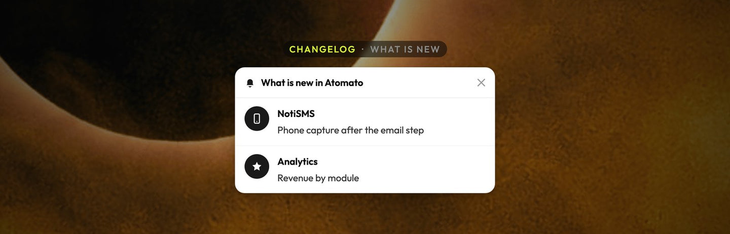 Atomato changelog example: a feed listing recent product updates including NotiSMS and analytics, over a photo of an eclipse behind golden clouds
