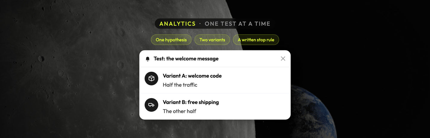 Atomato analytics example: a single on-site test with two variants splitting the traffic and a written stop rule, over a photograph of a grey moon beside a small blue earth