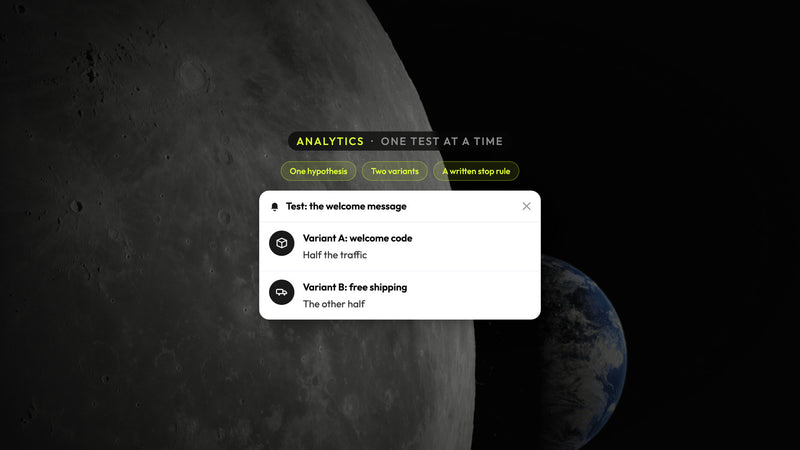 Atomato analytics example: a single on-site test with two variants splitting the traffic and a written stop rule, over a photograph of a grey moon beside a small blue earth