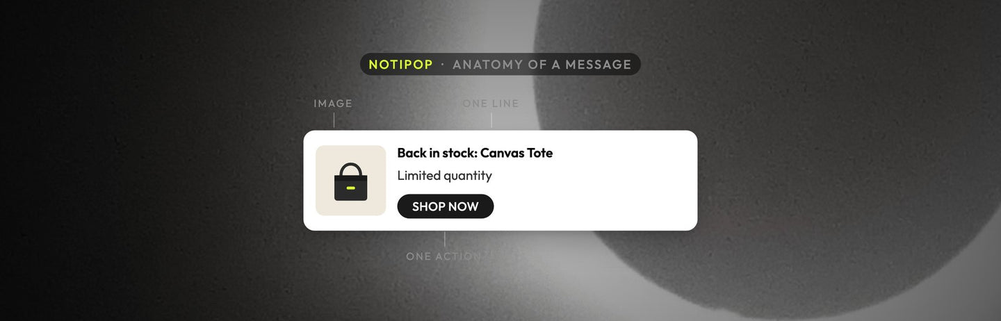 Atomato NotiPop example: an on-site message with its image, single line of copy and single action labelled, over a photo of a total eclipse with a grey corona
