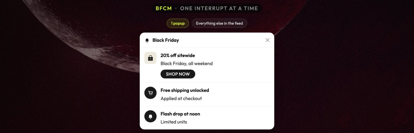 Atomato BFCM campaign example: one popup allowed while the rest of the Black Friday offers wait in the notification feed, over an eclipse with a deep crimson corona