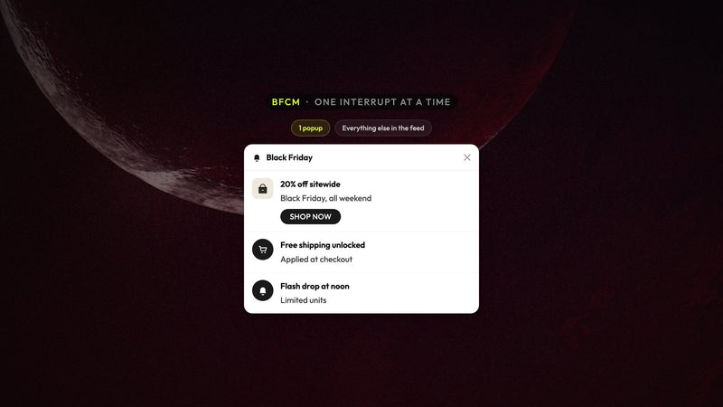 Atomato BFCM campaign example: one popup allowed while the rest of the Black Friday offers wait in the notification feed, over an eclipse with a deep crimson corona
