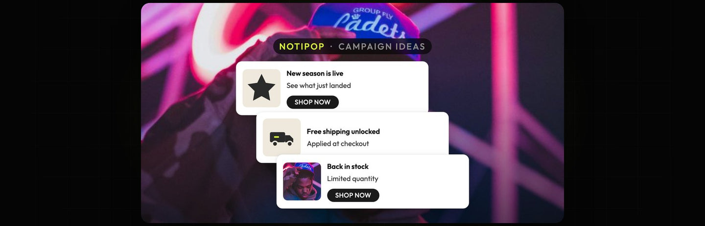 Atomato NotiPop examples: three on-site messages for a new season launch, free shipping unlocked and a back in stock alert, over a photo of rainbow rings of light on a starry field