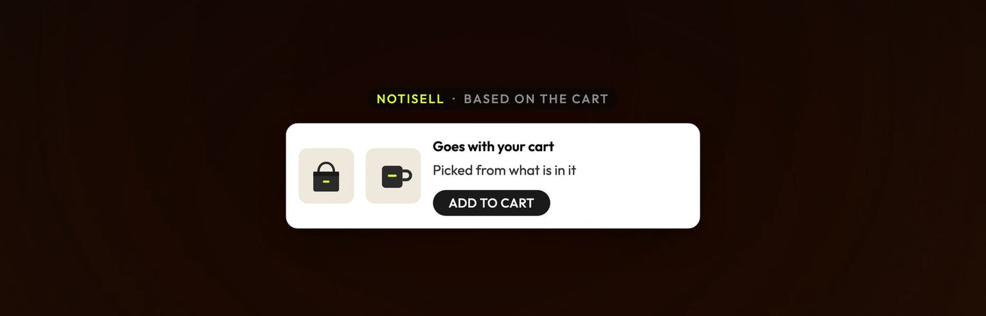 Atomato NotiSell campaign example: a product suggestion chosen from what is in the shopper's cart, with an Add to cart button, over a photo of a thin orange ring of light