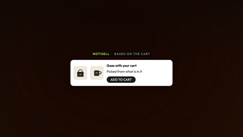 Atomato NotiSell campaign example: a product suggestion chosen from what is in the shopper's cart, with an Add to cart button, over a photo of a thin orange ring of light