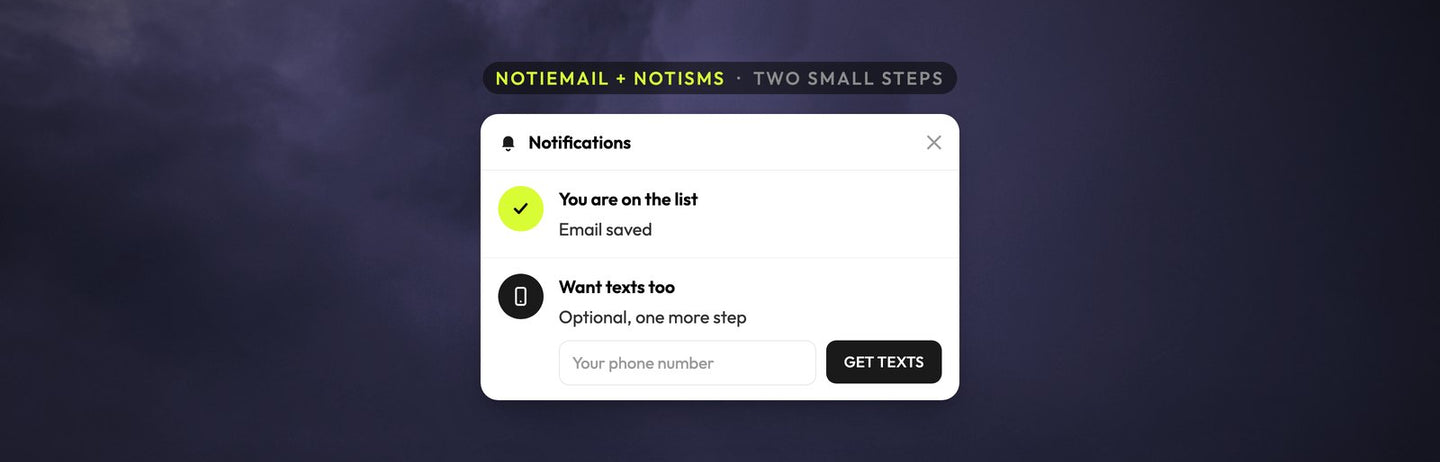Atomato NotiEmail and NotiSMS example: an email signup completed inside the feed, followed by an optional phone number step, over a photo of purple storm clouds