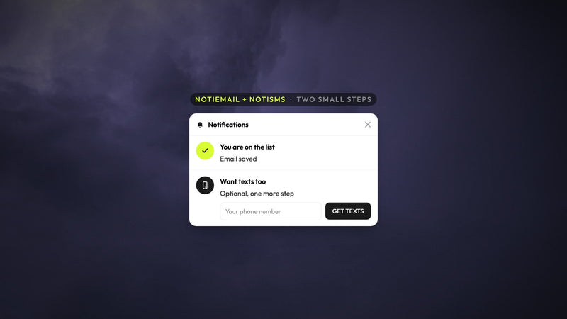 Atomato NotiEmail and NotiSMS example: an email signup completed inside the feed, followed by an optional phone number step, over a photo of purple storm clouds