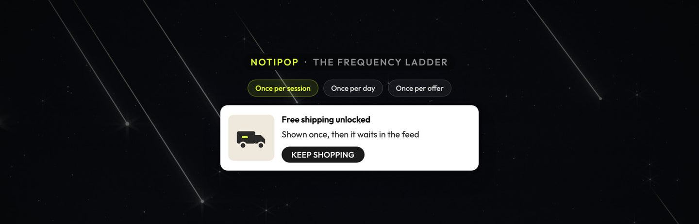 Atomato NotiPop example: a free shipping message capped at once per session with the feed keeping it afterwards, over a photograph of a crescent moon with meteor trails