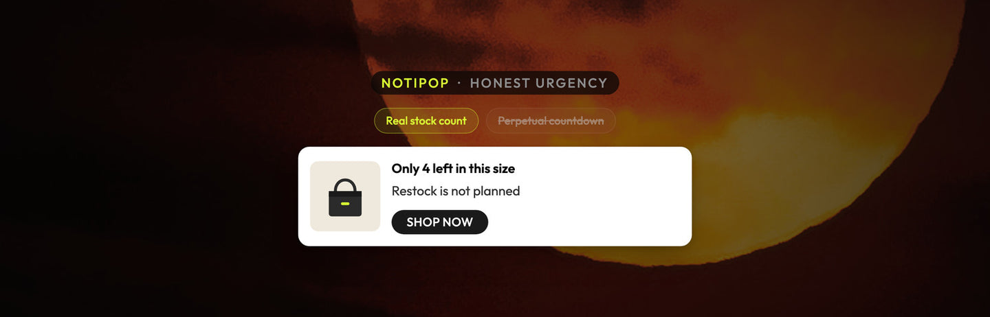 Atomato NotiPop example: a real stock count in a message instead of a perpetual countdown timer, over a photograph of an orange moon behind red cloud