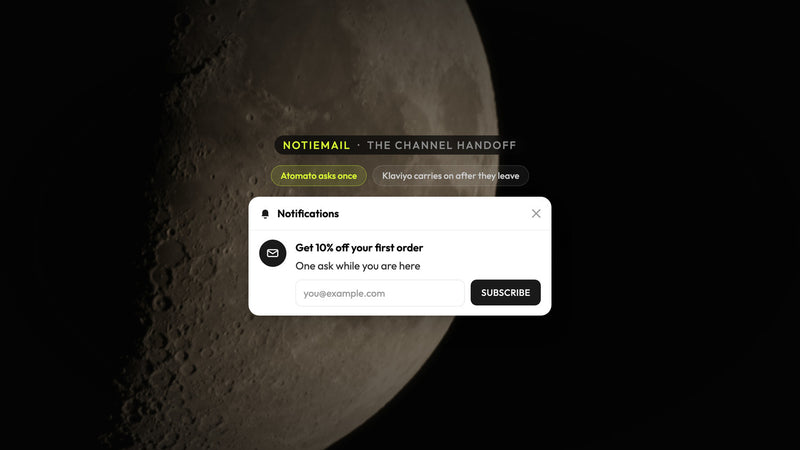 Atomato NotiEmail example: a single email ask inside the notification feed, with Klaviyo continuing after the shopper leaves, over a photograph of a gibbous moon
