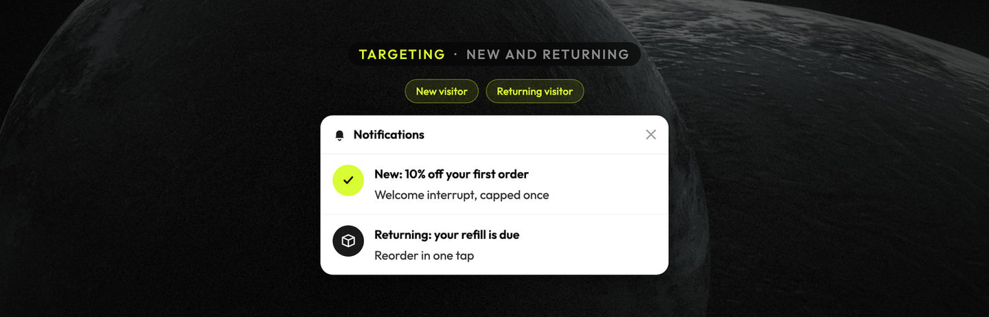 Atomato targeting example: a welcome offer for new visitors and a refill reminder for returning ones in the same feed, over a photograph of two grey moons