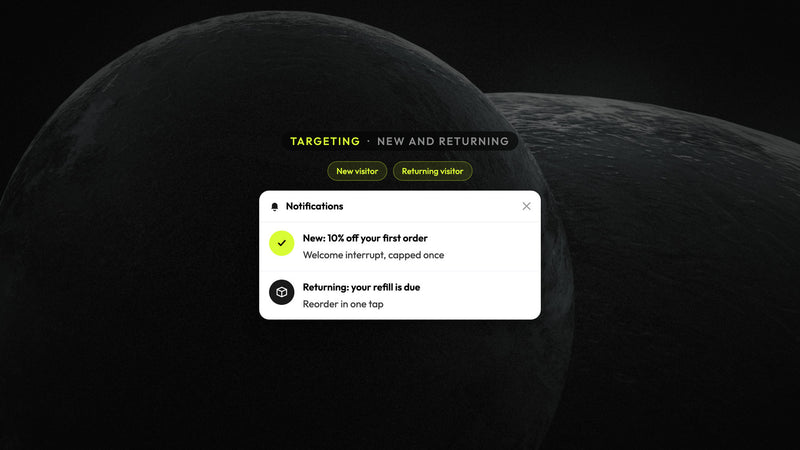 Atomato targeting example: a welcome offer for new visitors and a refill reminder for returning ones in the same feed, over a photograph of two grey moons