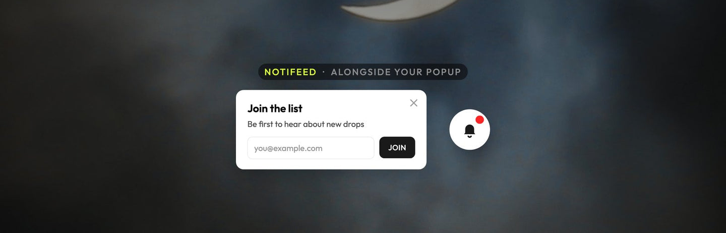 Atomato example: a store popup for joining the email list next to the Atomato notification bell with unread messages waiting in the feed, over a photo of a crescent moon through grey clouds