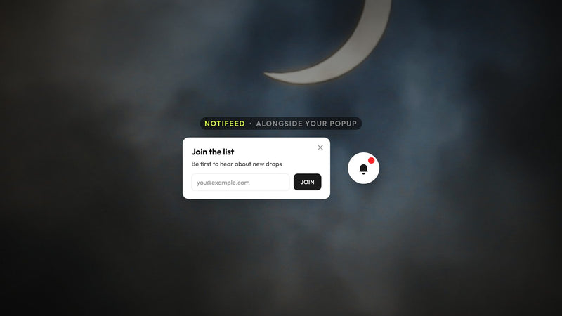 Atomato example: a store popup for joining the email list next to the Atomato notification bell with unread messages waiting in the feed, over a photo of a crescent moon through grey clouds