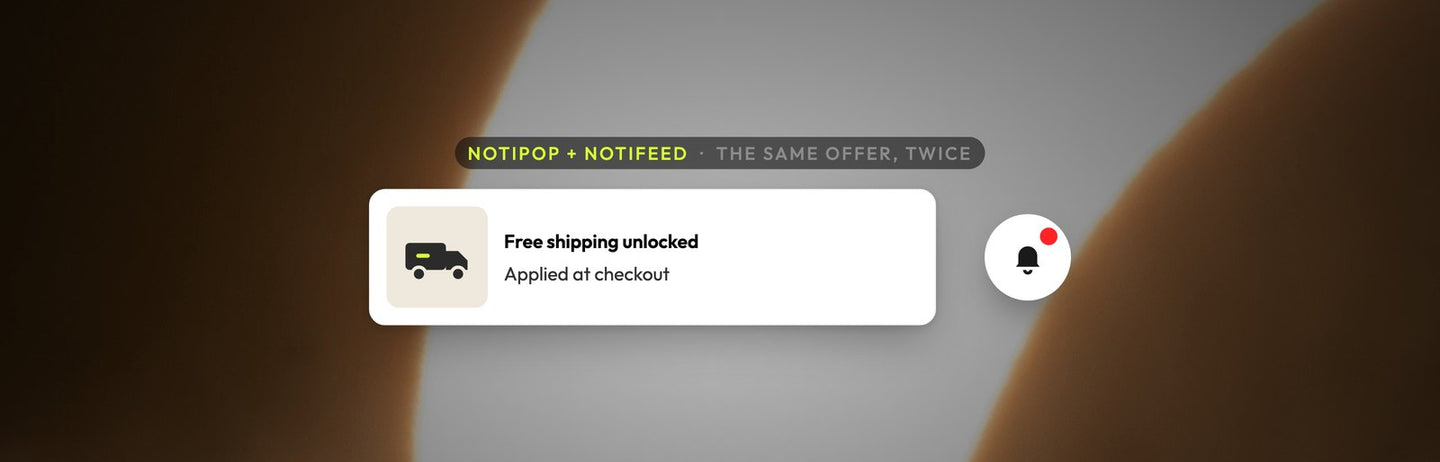 Atomato example: a free shipping offer shown as a NotiPop message and kept in the NotiFeed behind the bell, over a photo of a bright warm crescent