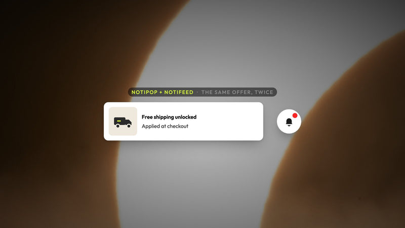 Atomato example: a free shipping offer shown as a NotiPop message and kept in the NotiFeed behind the bell, over a photo of a bright warm crescent