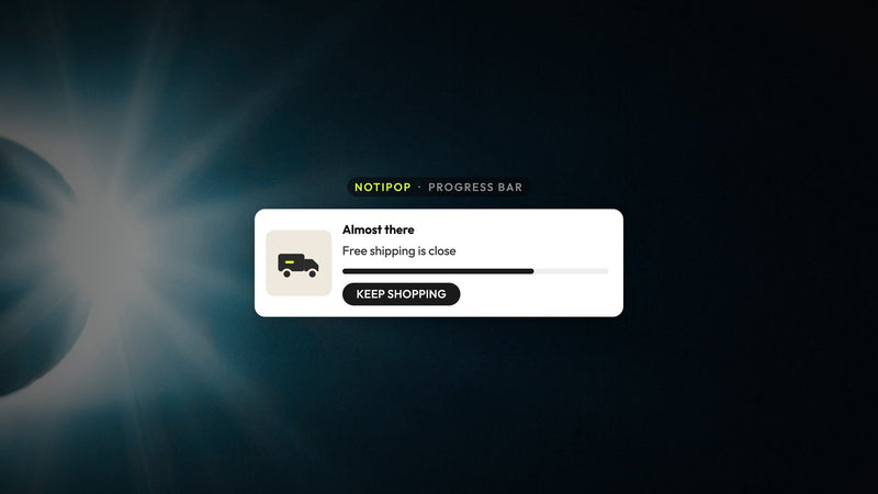 Atomato NotiPop campaign example: a progress bar message telling the shopper they are close to free shipping, over a photo of the diamond ring moment of an eclipse