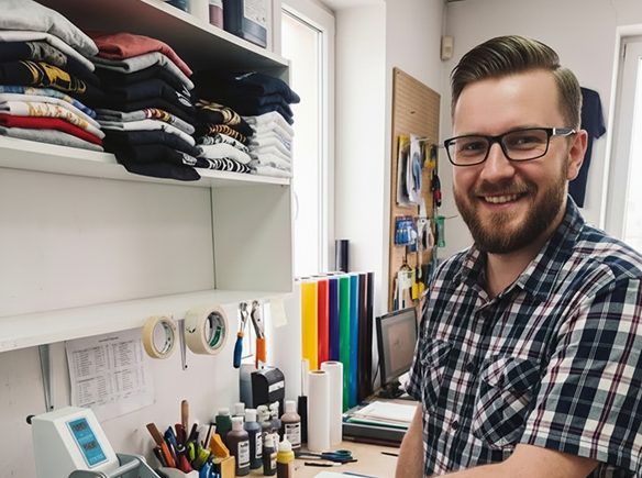 A business owner smiles in his shop beside shelves of folded shirts