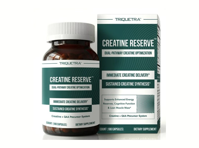 A bottle of Triquetra Creatine Reserve capsules and a box are also shown here