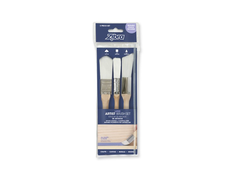 Three-piece Zibra artist brush set in retail packaging