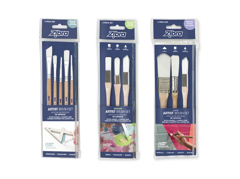 Three Zibra artist brush sets lined up next to each other