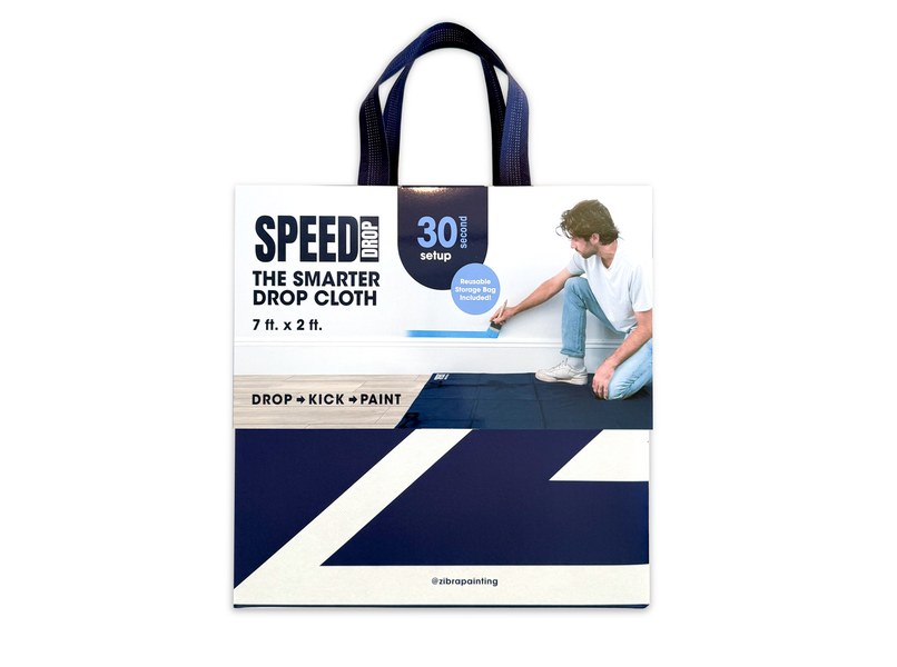 The Zibra Speed Drop drop cloth is in its carry-bag packaging