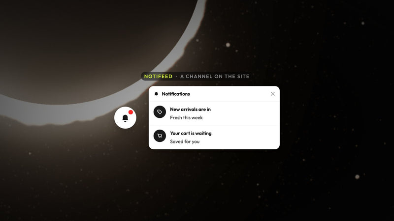 Atomato NotiFeed example: the notification bell with an unread dot beside the opened feed listing two store messages, over a photo of a white crescent of light