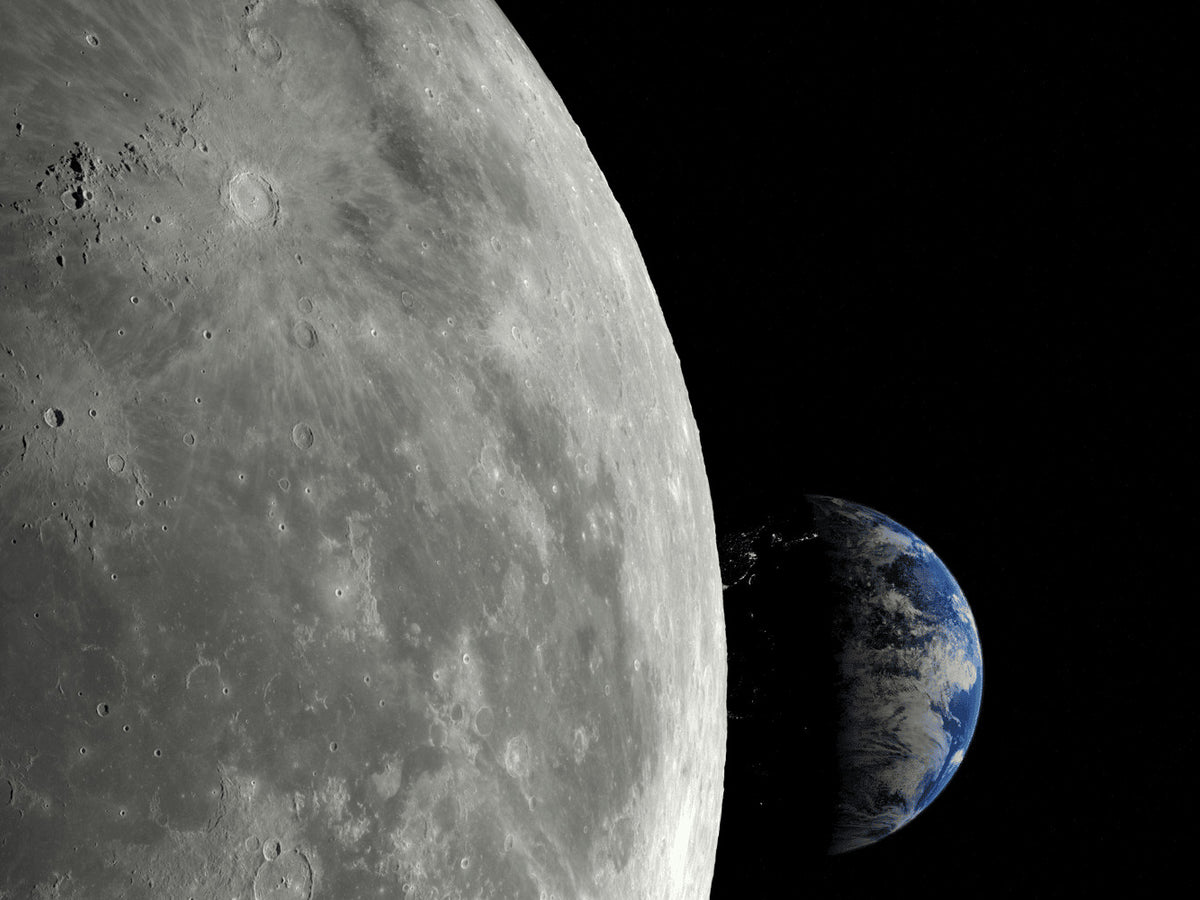 A large grey moon beside a small blue earth